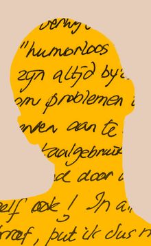 Hier ziet u een silhouet van een persoon waar tekst in geschreven staat, het figuur is geel gekleurd.