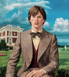 Schilderij van een jonge man in een bruin geruit pak voor een groot landhuis en de zee. Painting of a young man in a brown plaid suit in front of a large manor house and the sea.