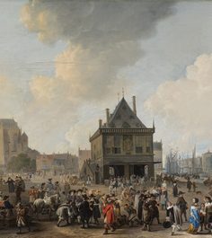 Schilderij van De Dam, gezien naar het Noorden, met het Stadhuis in aanbouw. Johannes Lingelbach, 1656.