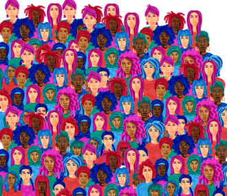 Illustratie van verschillende vrouwen in veel kleuren, gemaakt door Hedy Tjin.
Illustration of different women in many colours, created by Hedy Tjin.