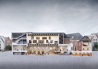 Artist impression Stadshal met daarboven de grote zaal en het gewelf door Absent Matter