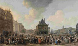 De Dam gezien naar het Noorden met het Stadhuis in aanbouw Johannes Lingelbach 1656, foto Amsterdam Museum René Gerritsen