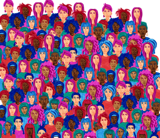 Kunstwerk met vrouwen in alle kleuren erop afgebeeld ik teken/verf stijl.