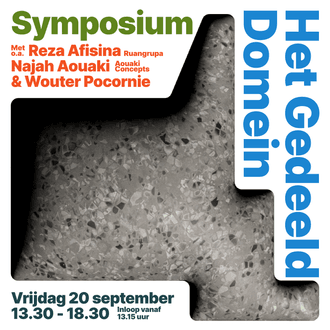 Reclameposter Symposium Gedeeld Domein met praktische informatie op een achtergrond van steen