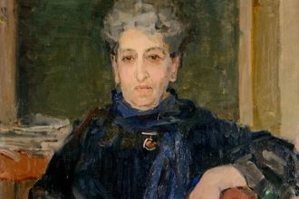 Geschilderd portret van Aletta Jacobs. Aletta Jacobs zit in een stoel met een arm over de rugleuning. Painted portrait of Aletta Jacobs. Aletta sits in a chair with her arm over the backrest.