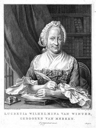 Portret van Lucretia Wilhelmina van Merken (1721-1789), getekend door H Pothoven in 1771 gegraveerd door Reinier Vinkeles in 1792 uit De waare geluksbedeeling, Wikipedia