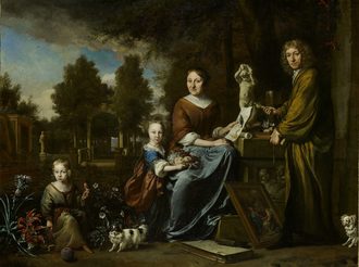 Jan Weenix (1642-1719), Portret van Agnes Block (1629-1704), Sybrand de Flines (1623-1697) en twee kinderen op de buitenplaats Vijverhof, ca. 1694