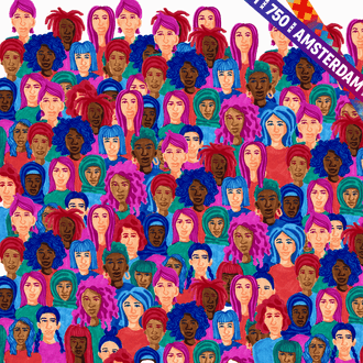Illustratie door Hedy Tjin, in veel verschillende kleuren zijn diverse vrouwen afgebeeld