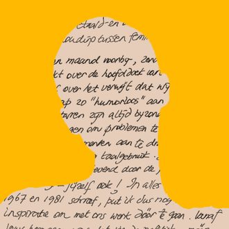 Beige vlak waaruit een profiel van een mens is geknipt waaronder teksten te lezen zijn