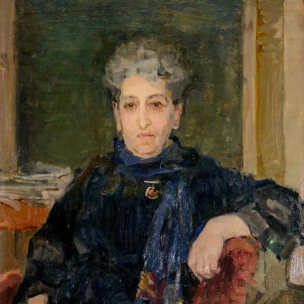 Geschilderd portret van Aletta Jacobs. Aletta Jacobs zit in een stoel met een arm over de rugleuning. Painted portrait of Aletta Jacobs. Aletta sits in a chair with her arm over the backrest.