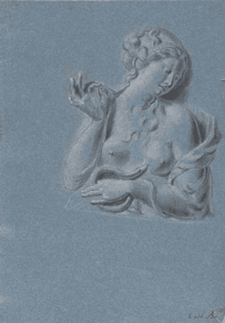 Tekening van Catharina Backer van Cleopatra en de slang, naar een afgietsel van een reliëf van Francis van Bossuit, wit en zwart krijt op blauw papier, ca. 1710 Amsterdam Museum in langdurig bruikleen van de Backer Stichting