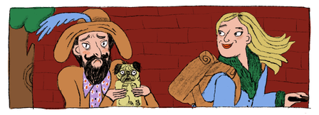 Illustration of two figures. The figure on the left wears a brown hat and holds a dog, the figure on the right looks over the shoulder at the figure on the left.