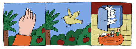 Illustration of a figure sitting at a table. The wall behind her is full of illustrations made by Fiep Westendorp.Illustration of a hand waving at the sky. A bird can be seen to the right of the hand and apple trees are in the background. To the right, a bathroom cabinet can be seen from which rolls of paper bulge.