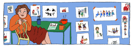 Illustration of a figure sitting at a table. The wall behind her is full of illustrations made by Fiep Westendorp.