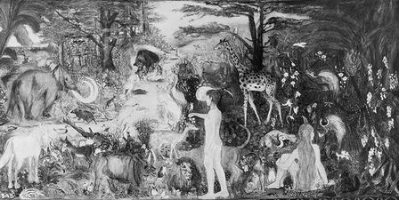 The Paradise painted wall hanging, by Marie Hubrecht, dimensions estimated 5 x 1.6, 1923 (photo by Anders Beer Wilke, Digitalt Museum Norsk Folkemuseum)