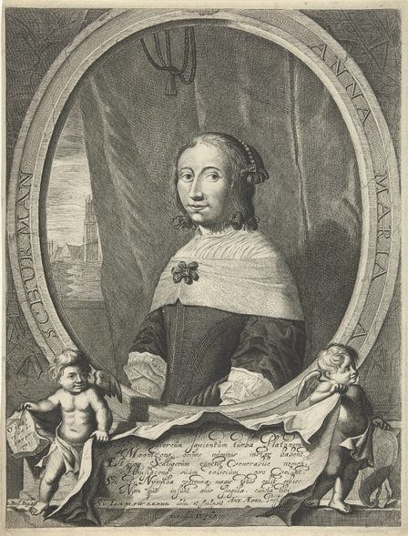 Portret van Anna Maria van Schurman, prentmaker en ontwerp door Steven van Lamswerde (1657), collectie Rijksmuseum Amsterdam