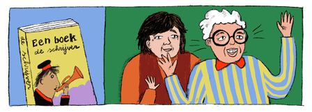 Illustration showing on the left a book titled “a book” and below it “the writer”. On the right, Fiep Westendorp and Annie M.G. Schmidt can be seen.