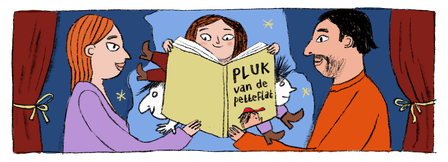 An illustration showing a girl reading the book Pluk van de Petteflet, to the left and right of the girl is a figure.Illustration showing on the left a book titled “a book” and below it “the author”. On the right, Fiep Westendorp and Annie M.G. Schmidt can be seen.