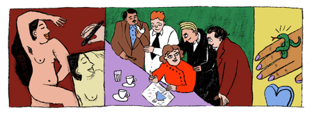 Illustration with a nude figure being drawn on the left. In the centre a figure (Fiep Westendorp) surrounded by men looking over her shoulder. On the right, a hand carrying a ring in the shape of a snake.