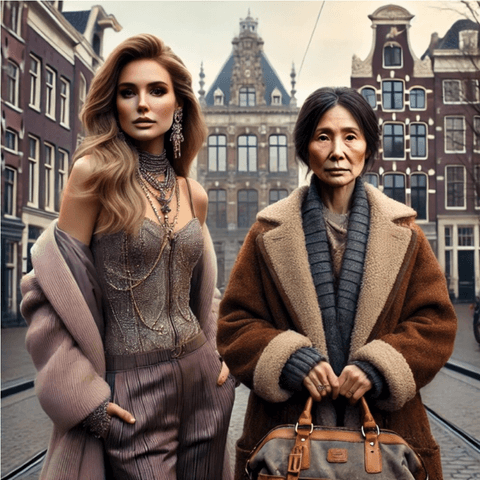 Deze afbeelding is gegenereerd met ChatGPT, met de prompt: “Can you make an image of two women of Amsterdam, one who is rich and one who is poor? Make it look like it’s a photo taken in 2024