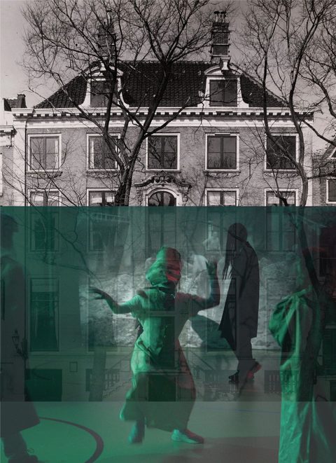 Een oude foto van Huis Willet-Holthuysen en still uit een video installatie over elkaar heen.