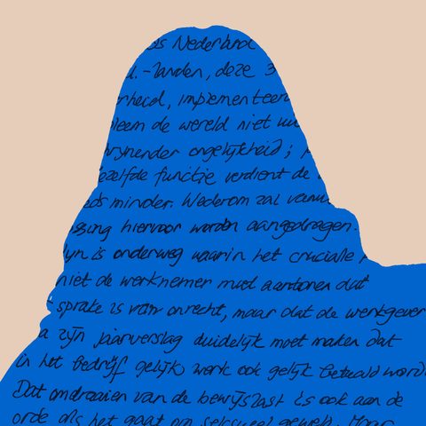 Beige vlak waaruit een profiel van een mens is geknipt waaronder teksten te lezen zijn