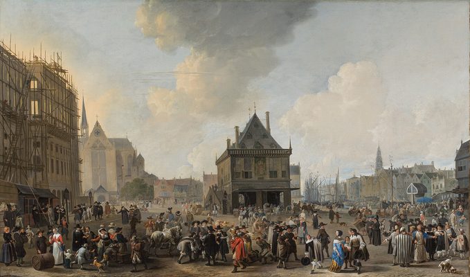 De Dam, gezien naar het Noorden, met het Stadhuis in aanbouw, Johannes Lingelbach