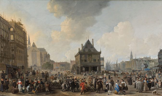 Schilderij van De Dam, gezien naar het Noorden, met het Stadhuis in aanbouw. Johannes Lingelbach, 1656.