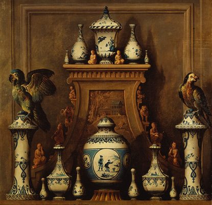 Schoorsteenstuk met aardewerk en papegaaien, door Pieter Jansz. van Ruyven, 1719, Amsterdam Museum