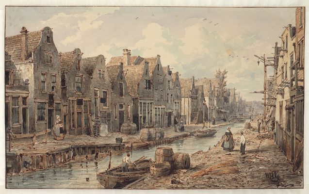 Woningbouw. Tekening Goudsbloemgracht gezien vanaf de Brouwersgracht. Willem Hekking (ca. 1850) - Collectie Stadsarchief Amsterdam